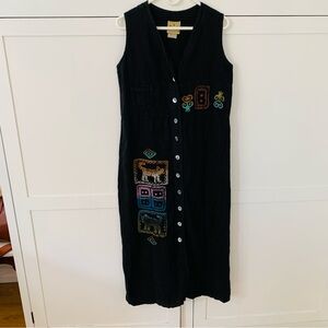 Vintage 90’’s Blue Cactus Black Linen Button Front Midi Dress Western Boho S